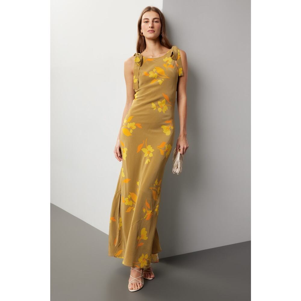 Soleil Soleil Ines Floral Print Tie Strap Golden Silk Maxi Dress Size 6